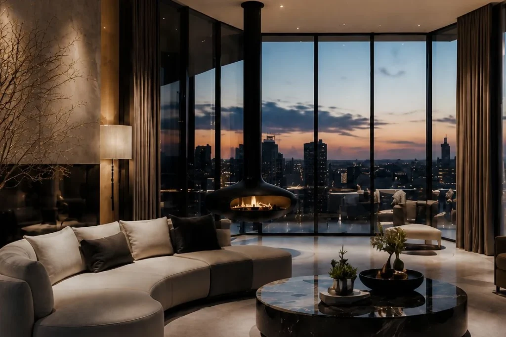 Open-plan living room with a suspended fireplace