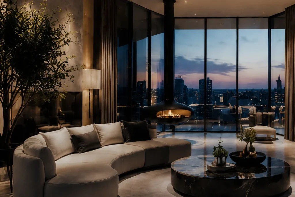 Curved sofa facing floor-to-ceiling glazing