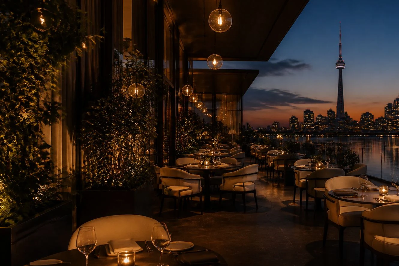 Restaurant terrace in Yorkville set for evening service
