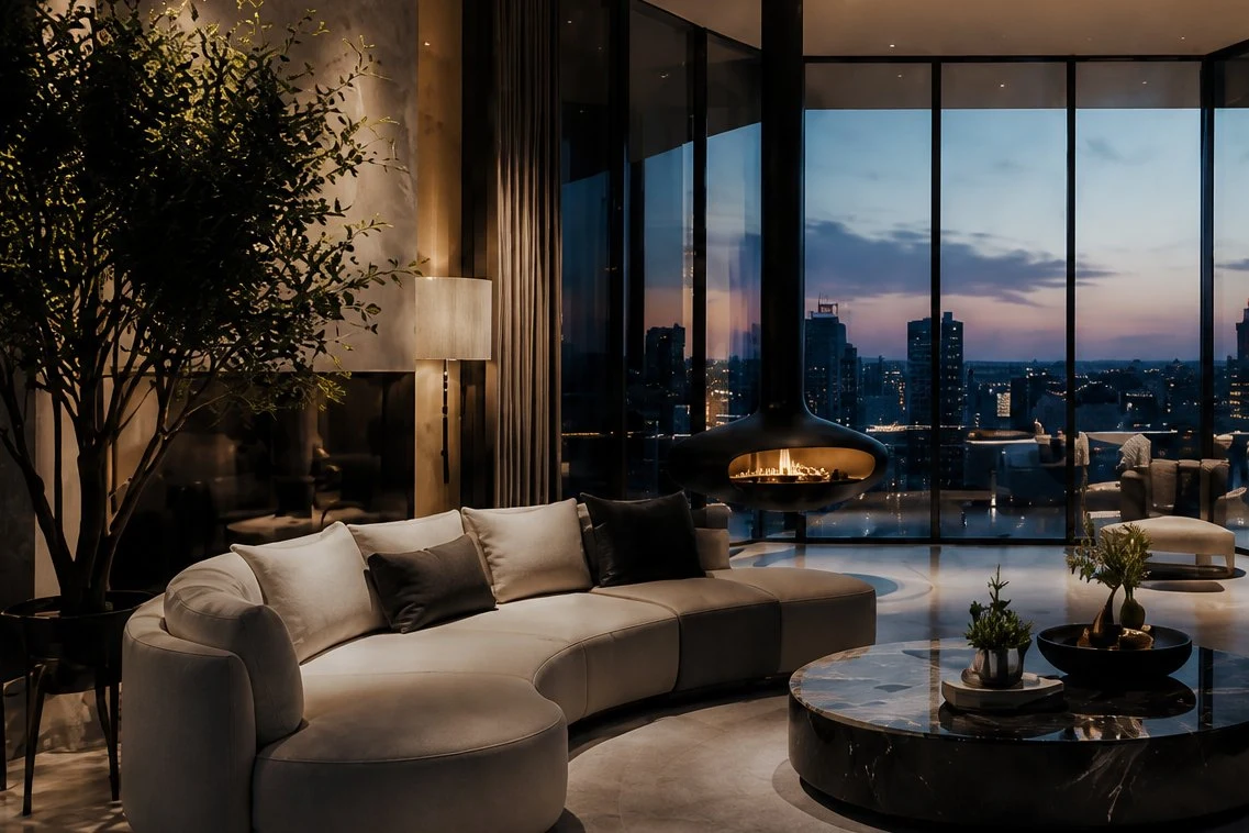 Contemporary living room detail at dusk