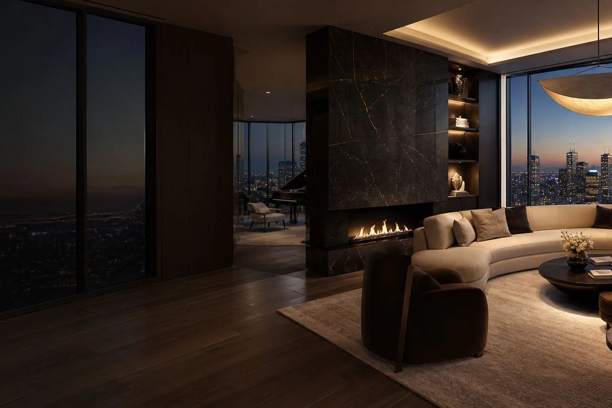 Yorkville penthouse living room with a marble fireplace and skyline views at dusk