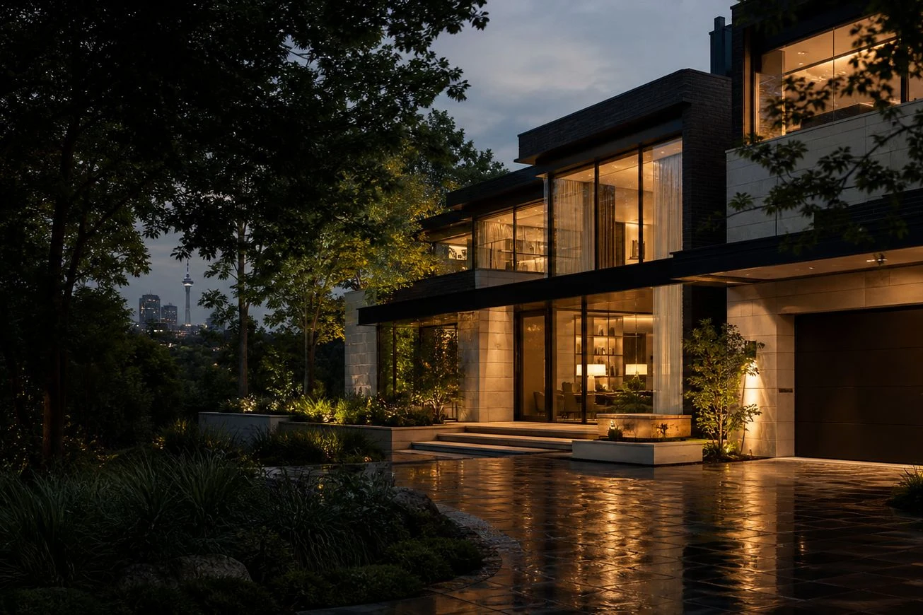 Rosedale ravine house lit at dusk, set among mature trees