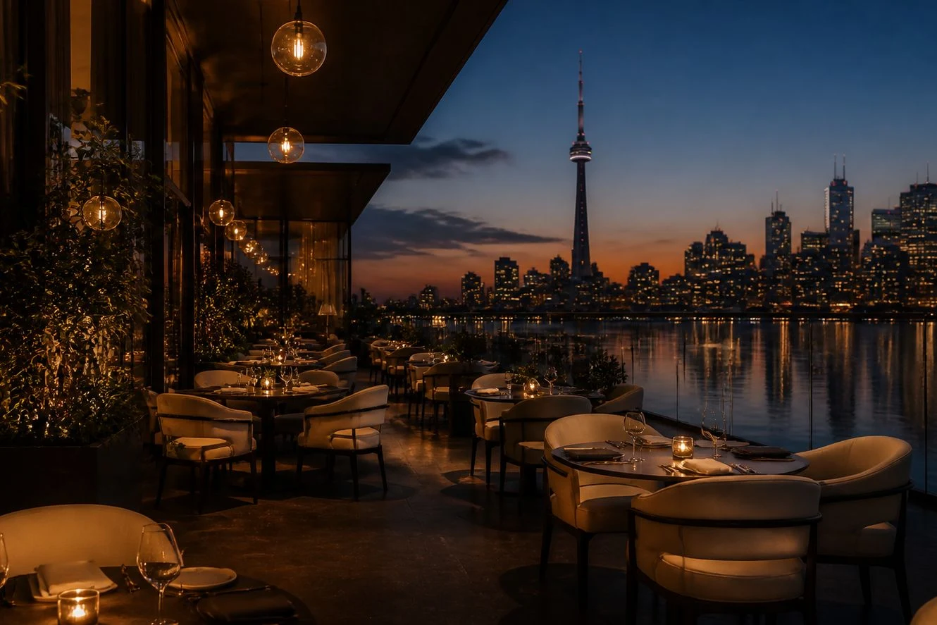 Terrace dining above the Toronto waterfront at dusk