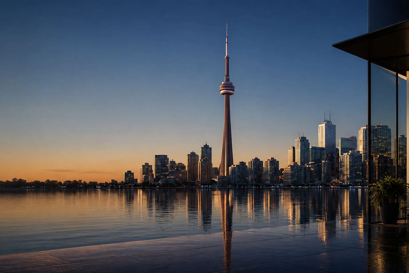 Toronto skyline seen across the water from a glazed residence