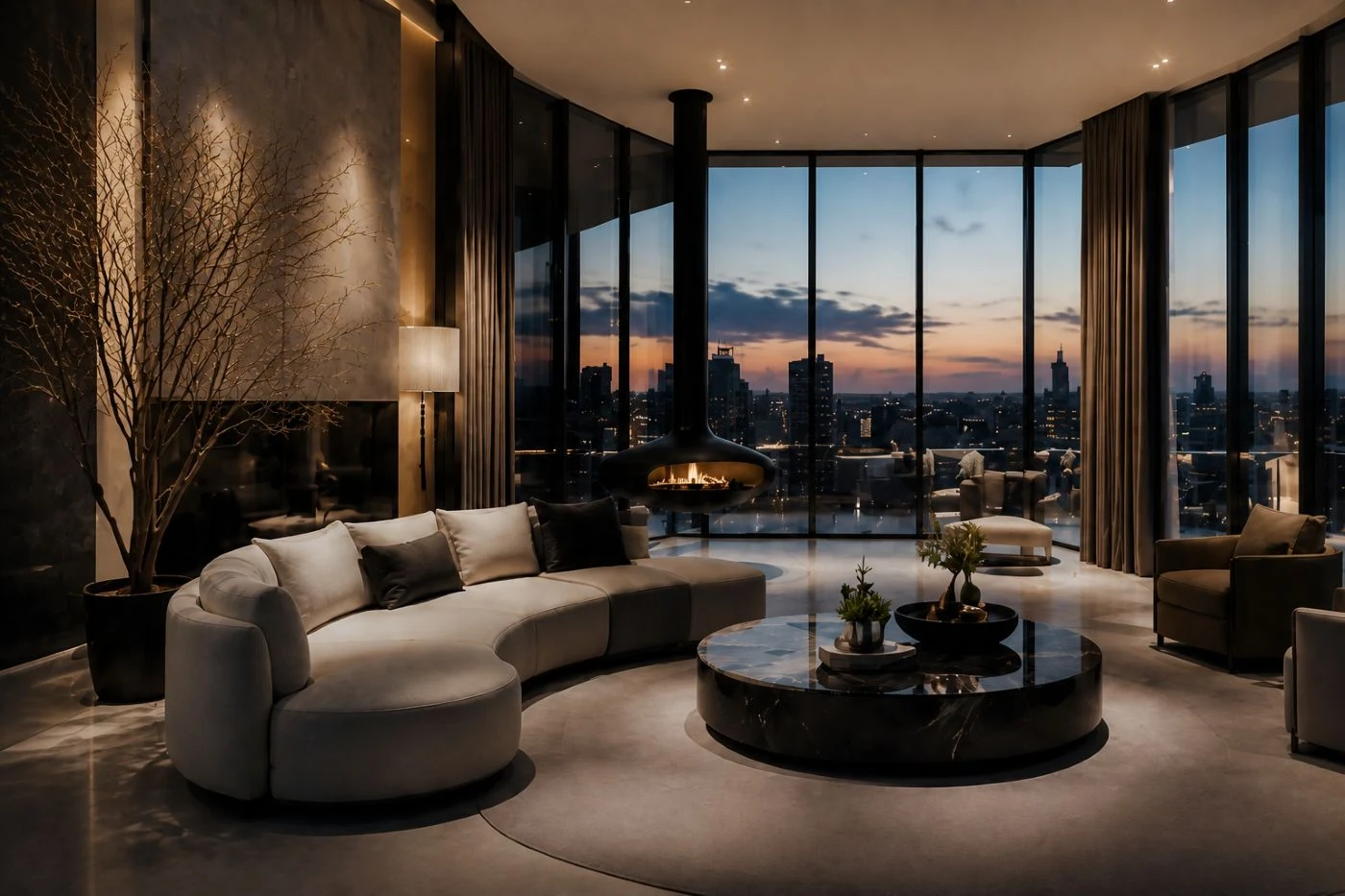 Living room with a curved sofa and floor-to-ceiling glazing at dusk