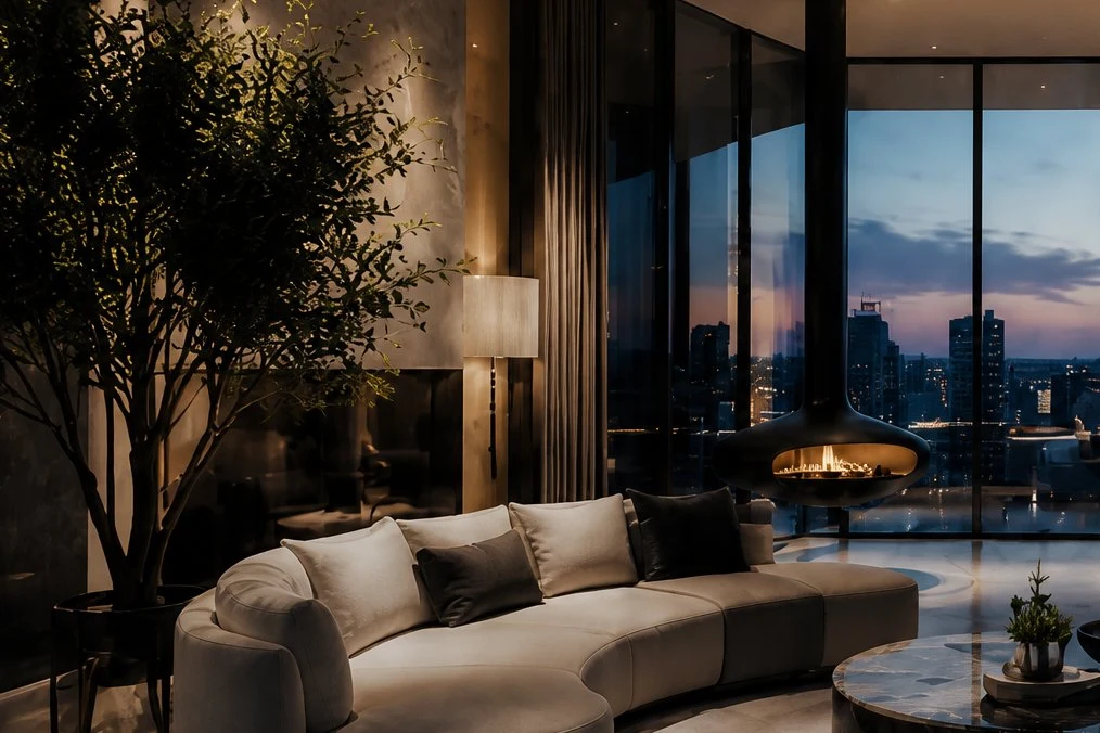Sculptural tree and textured plaster wall in a private reception room